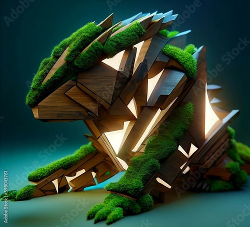 An abstract robotic geometrically sophisticated pangolin that is made of wood and moss. It embodies geometrical 3d recursive systems, forest greenery, and glowing light elements. Generative AI image