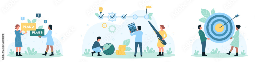 Business solution and goals set vector illustration. Cartoon tiny people choose between options, plan A and B scenario, mark points in timeline with pen, customers holding bullseye circle with arrow - obrazy, fototapety, plakaty 