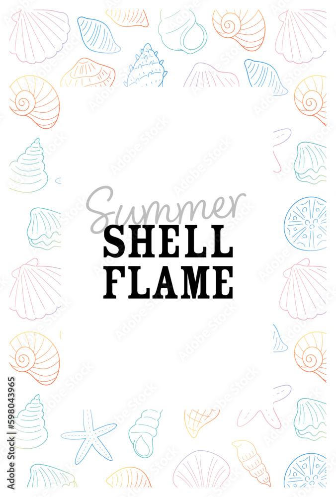 Fototapeta premium 貝がらやヒトデの手書き線画ベクターフレーム／ポストカードサイズ
