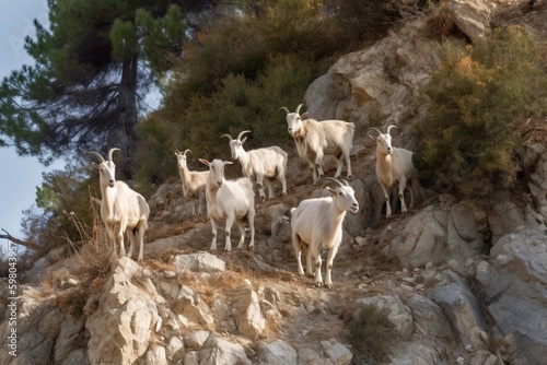A group of goats on a rocky hillside