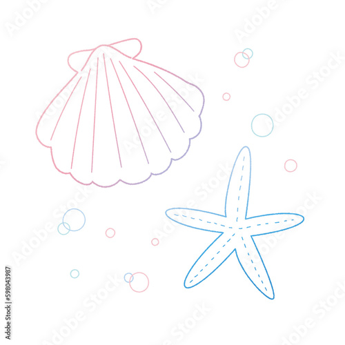 貝がらやヒトデの手書き線画ベクターイラスト