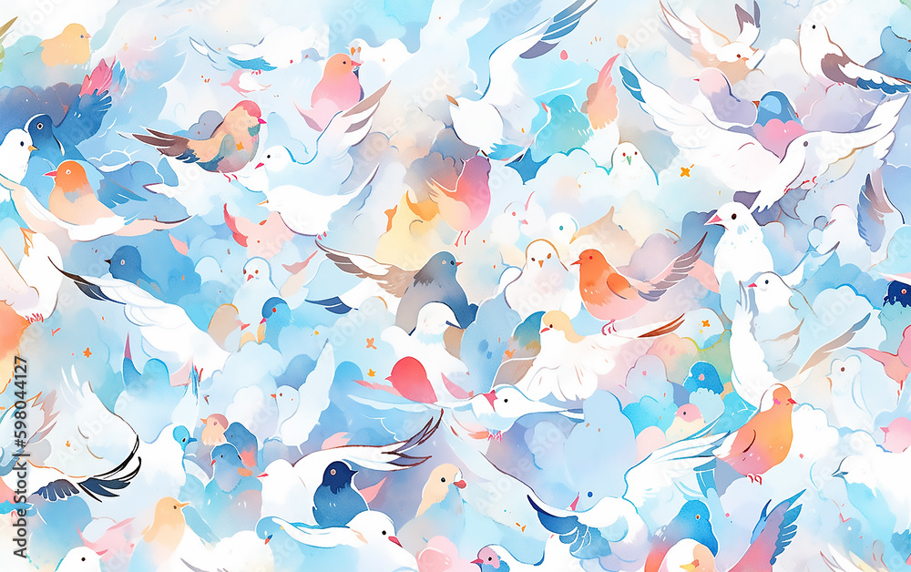 Abstract watercolor pattern with birds. Generative AI technology.