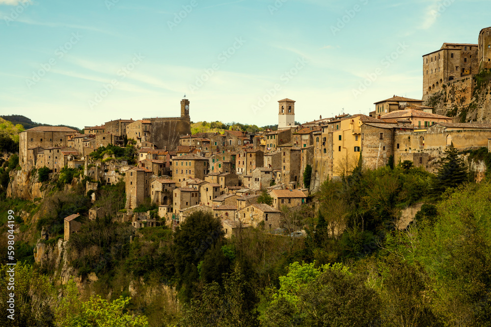 Panorama of Sorano medieval town on a cliff in Tuscany, Italy
