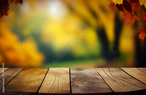 Abstract empty wooden desk tabletop with copy space over autumn trees blurred background, display for product montage, Generative Ai
