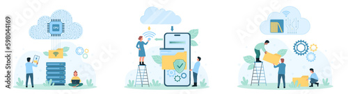 Security and work with cloud data service vector illustration. Cartoon tiny people upload folders with files to digital storage, protect archives with safe shield, organize information on server