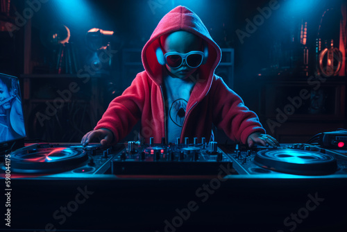 Little baby child, dressed as a DJ, playing music at a dance party in a nightclub stage in spotlight, behind DJ set, copy space, generative ai