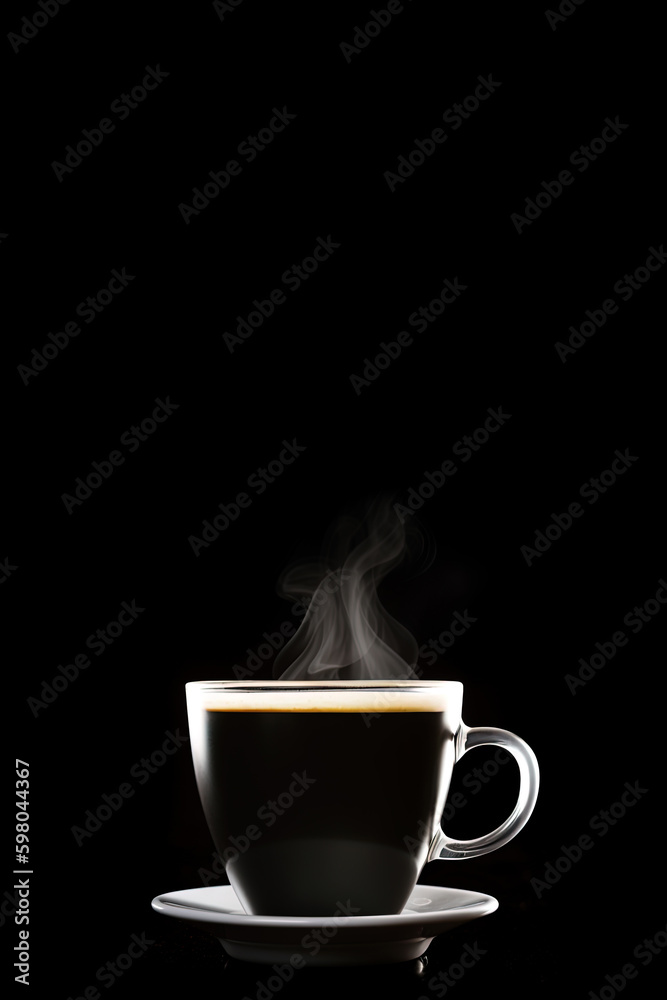 Close up a cup of a black hot coffee with smoke on black background with copy space. Created with Generative AI Technology Close up a cup of a black hot coffee with smoke on black background with copy space. Created with Generative AI Technology