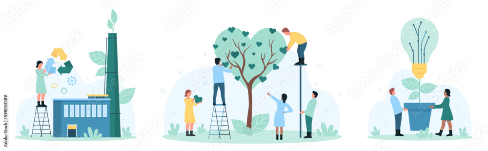 Green technology, environmental innovation set vector illustration. Cartoon tiny people holding recycling sign near eco friendly factory, grow lightbulb plant and tree in heart shape to save ecology - obrazy, fototapety, plakaty 