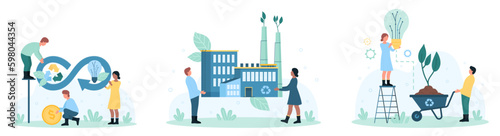 Circular economy, bio energy set vector illustration. Cartoon tiny people holding infinity circulation sign and money coin, factory with green leaf and light bulb with electricity from plant growth