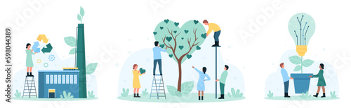 Green technology, environmental innovation set vector illustration. Cartoon tiny people holding recycling sign near eco friendly factory, grow lightbulb plant and tree in heart shape to save ecology photo