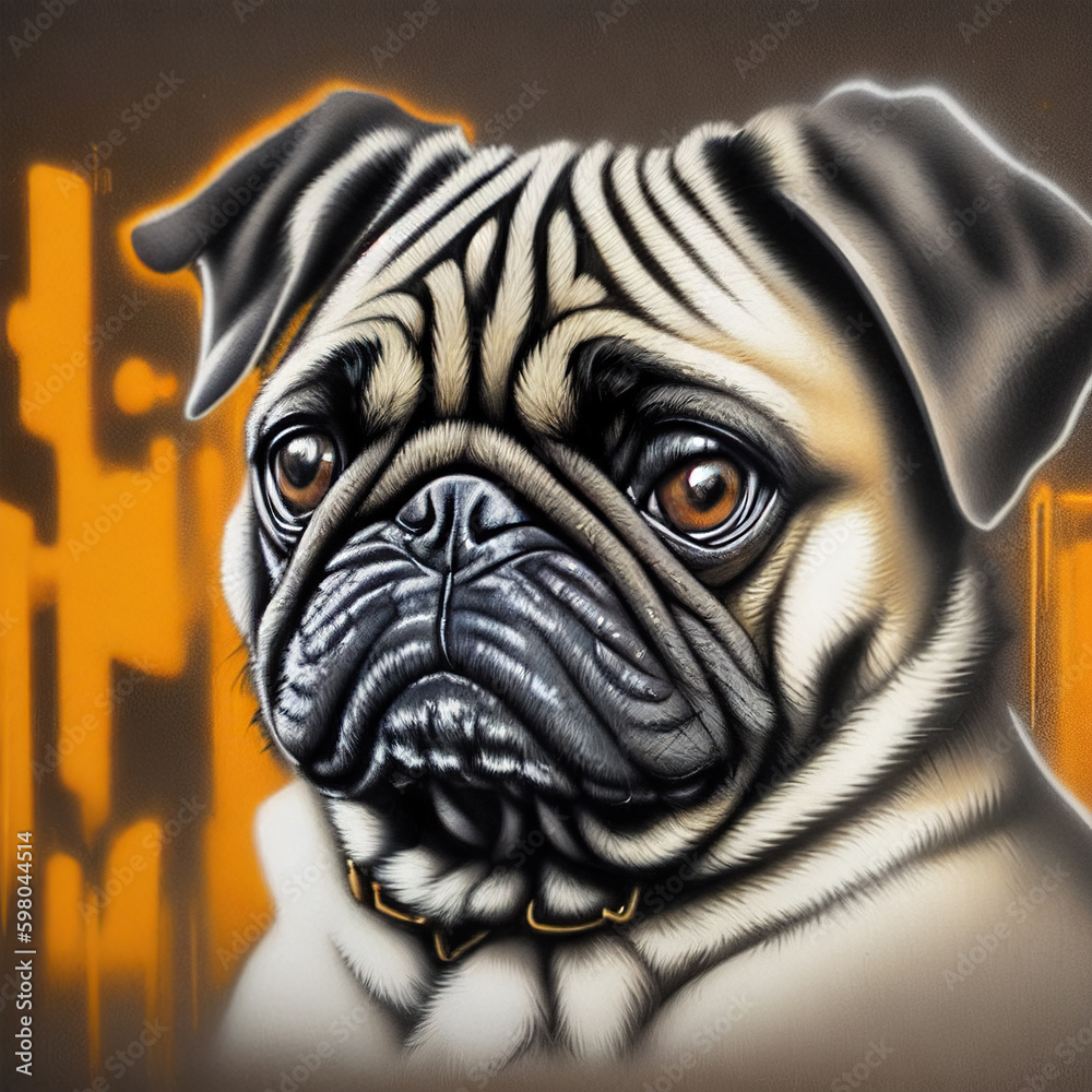 graffiti style Pug dog sprayed on a brown wall, generative ai
