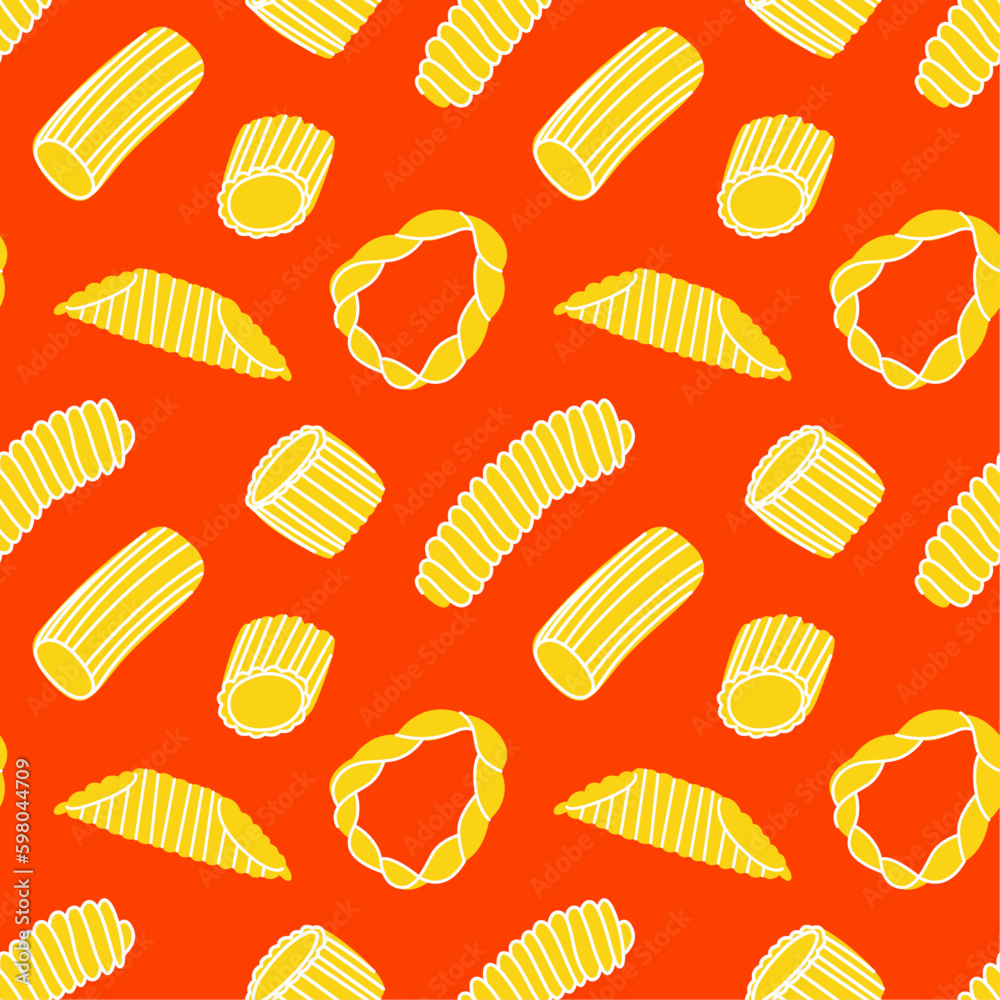 Italian pasta on red background. Seamless pattern. Different types of Italian pasta. Modern prints for menu design, cookbooks, fabric, etc.