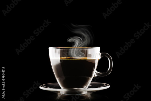 Close up a cup of a black hot coffee with smoke on black background. Created with Generative AI Technology