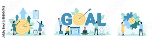 Team goal, management strategy set vector illustration. Cartoon tiny people plan progress in business challenge and career, characters holding arrows, puzzle circle target and calendar for teamwork