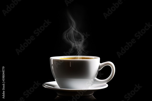 Close up a cup of a black hot coffee with smoke on black background. Created with Generative AI Technology © agungai