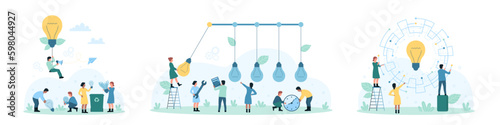 Good and bad ideas, leadership set vector illustration. Cartoon tiny people people collect broken light bulbs in trash can, work on circuit connection, leader with bright lamp solving business problem