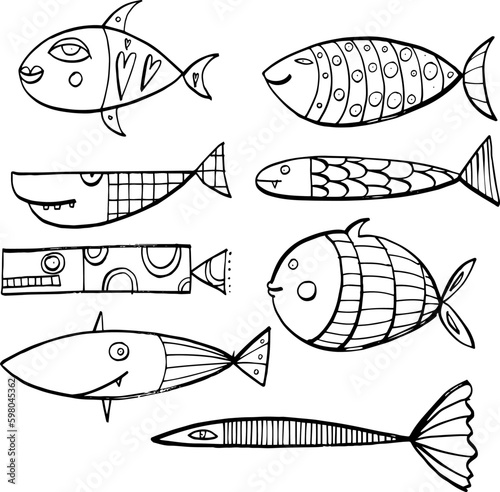 group of hand drawn funny fishes to color for coloring books, wallpapers, wrapping paper