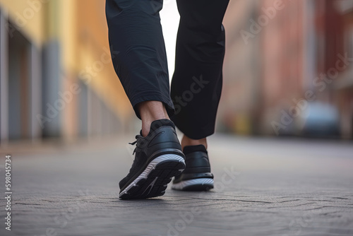 Legs view of a person walking on the road wearing sports shoes. Created with Generative AI Technology