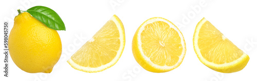 ripe lemon fruit with leaves, half and slice isolated, Fresh and Juicy Lemon, transparent png, collection, cut out