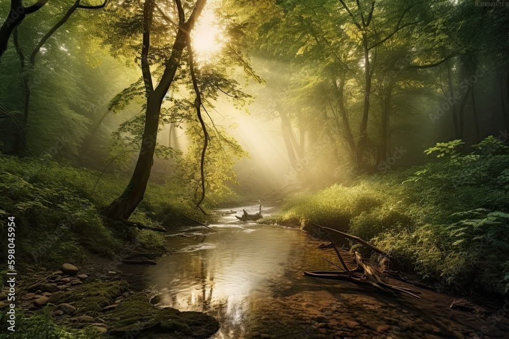 Dreamy Summer Sunrise in a Green Forest with Flowing Creek, Generative AI