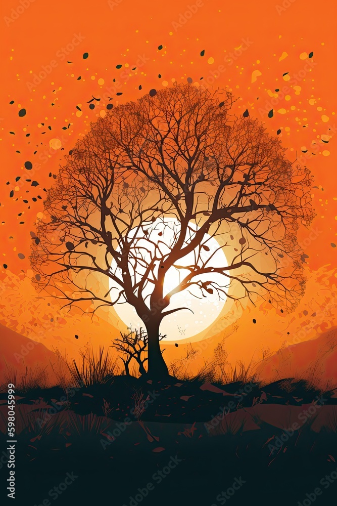 Grunge Art Design of Nature - An Autumn Tree with Gradual Irate Orange Gradients in 4K Resolution or Higher, Generative AI