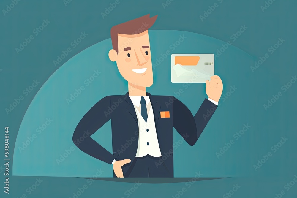 Successful Businessman Attaching Credit Card: Banking, Finance and Office Style in Flat Cartoon Illustration, Generative AI
