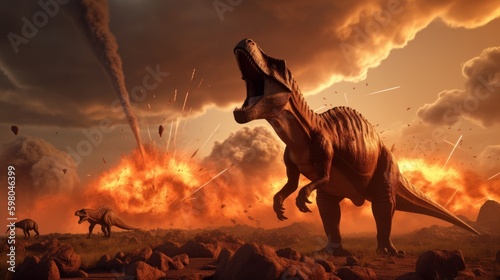 Extinction of the dinosaurs by a meteor impact scene ai, ai generative, illustration