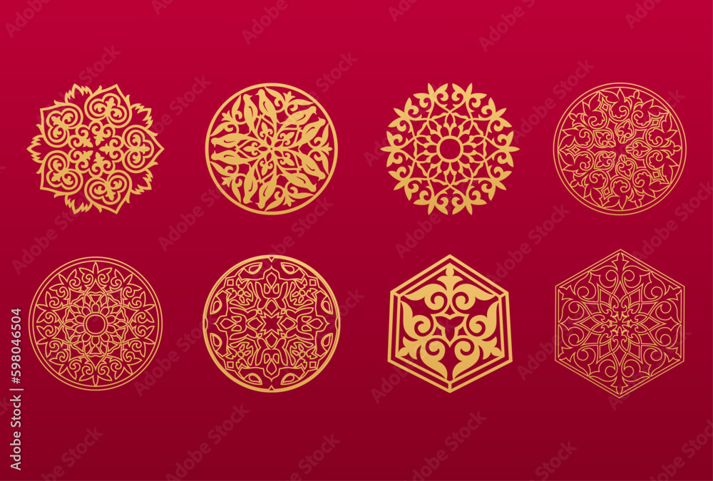 Set of 8 islamic golden ornaments on red background in vector. Circular ornamental arabic symbols. Abstract Asian elements of the national pattern of the ancient nomads of the Kazakhs, Tatars, Kyrgyz