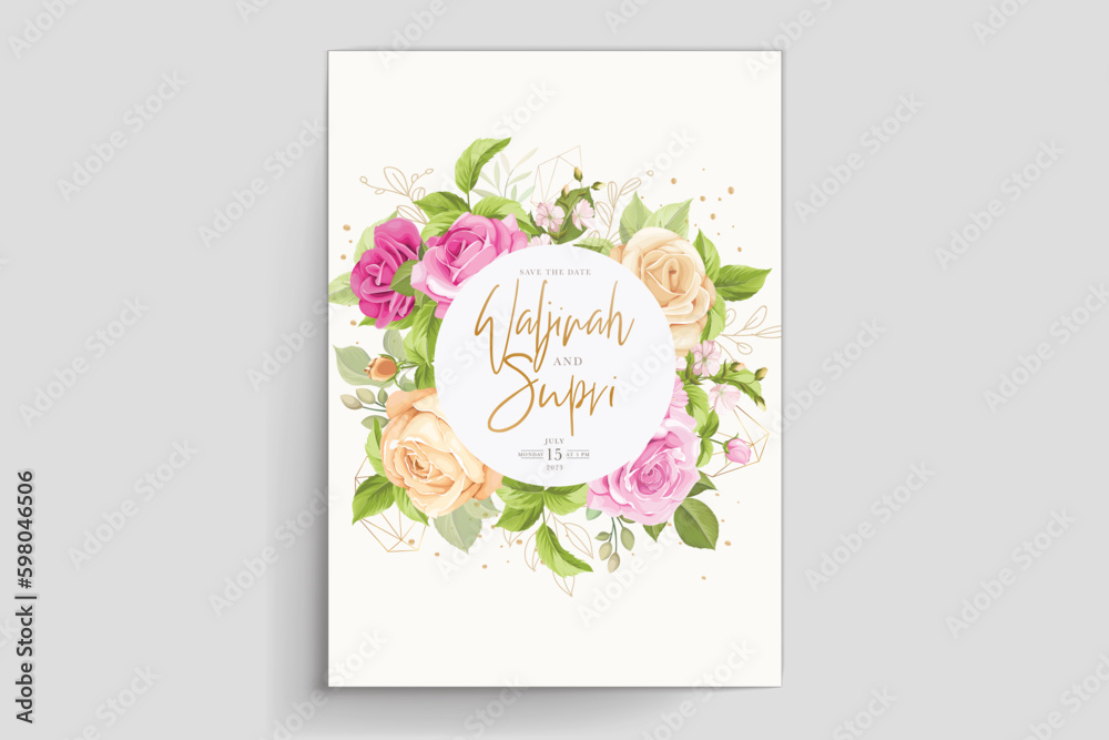 elegant hand drawn pink roses invitation card set