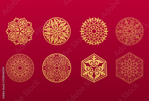 Set of 8 islamic golden ornaments on red background in vector. Circular ornamental arabic symbols. Abstract Asian elements of the national pattern of the ancient nomads of the Kazakhs, Tatars, Kyrgyz