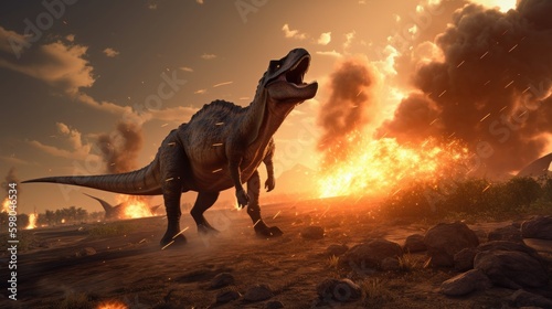 Extinction of the dinosaurs by a meteor impact scene ai, ai generative, illustration © ME_Photography