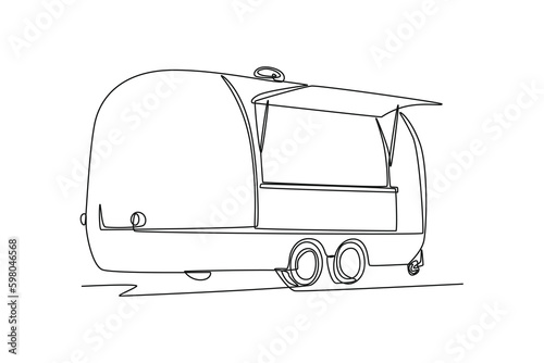 Continuous one line drawing Food trucks. Restaurant on wheels. Vans for street food selling. Car concept. Single line draw design vector graphic illustration.