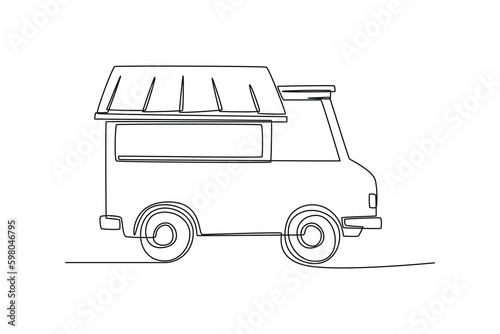 Continuous one line drawing Food trucks. Restaurant on wheels. Vans for street food selling. Car concept. Single line draw design vector graphic illustration.