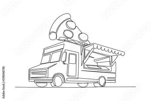 Continuous one line drawing Food trucks. Restaurant on wheels. Vans for street food selling. Car concept. Single line draw design vector graphic illustration.