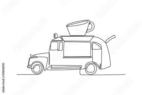 Continuous one line drawing Food truck vehicle coffee shop on the truck. Vans for street food selling. Car concept. Single line draw design vector graphic illustration.