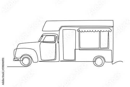 Continuous one line drawing Food trucks. Restaurant on wheels. Vans for street food selling. Car concept. Single line draw design vector graphic illustration.