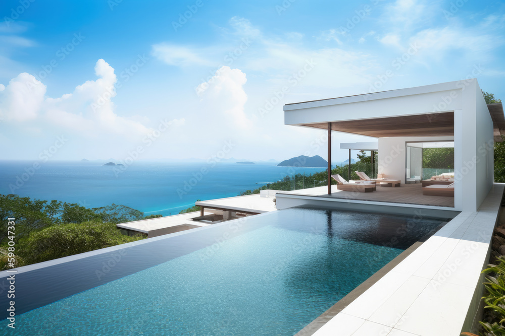 Tropical Home Island Villa House With Modern Infinity Swimming Pool And Blue Sky - Generative AI Image
