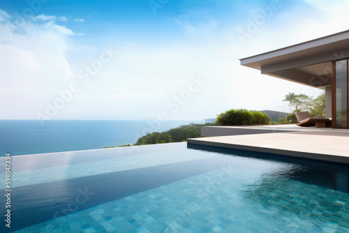 Tropical Home Island Villa House With Modern Infinity Swimming Pool And Blue Sky - Generative AI Image 