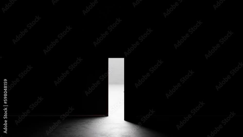 in a dark room, a door opens to a room flooded with light while the camera zooms in on the door in a dark room, a door opens to a room flooded with light while the camera zooms in on the door