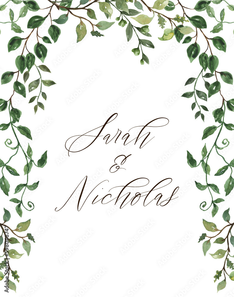 Floral frame made of green leaves, greenery vine, and foliage. Watercolor botanical border, PNG clipart. Floral frame made of green leaves, greenery vine, and foliage. Watercolor botanical border, PNG clipart.