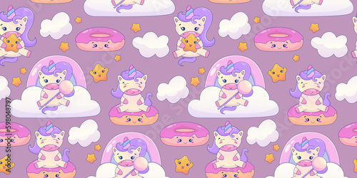 Cute Kawaii Unicorn seamless pattern with rainbow and star. Fairy cute animal children design. Fantasy wallpaper with unicorn and cloud. Cartoon vector illustration