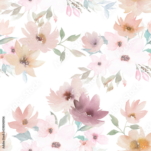 Watercolor seamless pattern. Floral print. Hand drawn illustration on white background