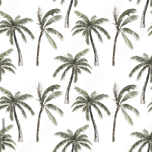 Tropical seamless pattern with  palm trees. Watercolor  print on white background. Summer hand drawn illustration