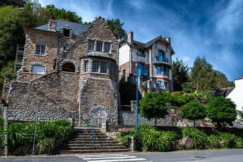 Street In Medieval Village And Artist Enclave Pont Aven At Finistere River Aven In Brittany  France