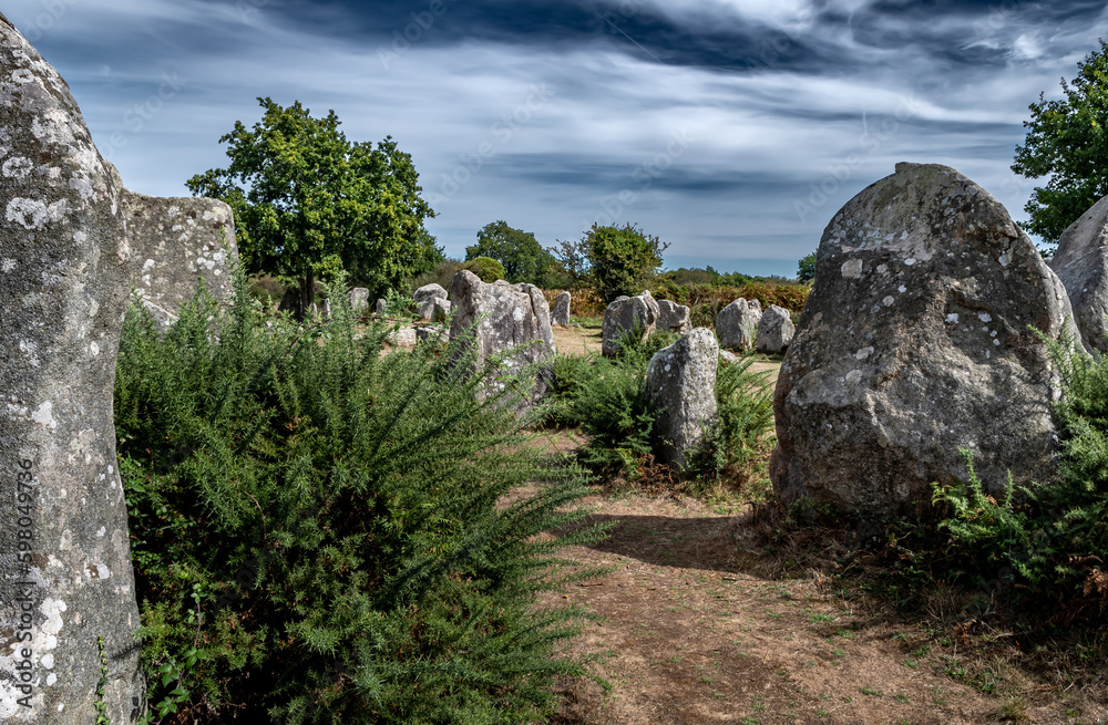 Ancient Stone Field Kerzerho Cruzuno With Neolithic Megaliths Near Finistere Village Carnac In Brittany, France
