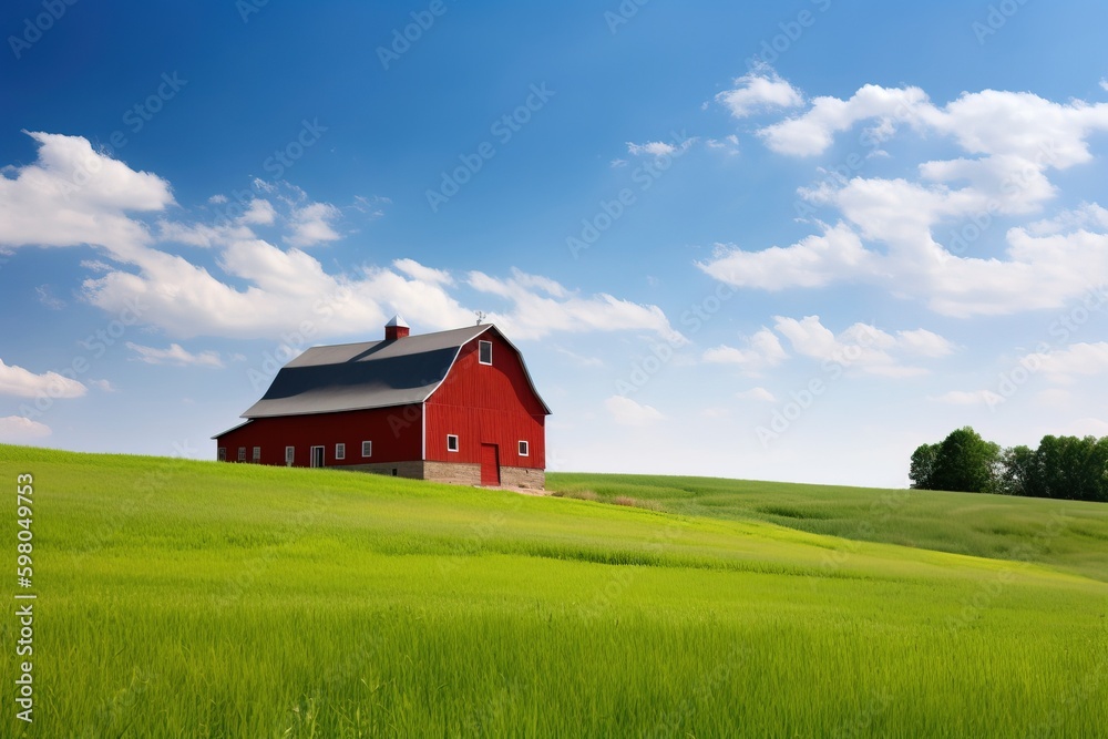 A red barn with a green field and blue sky in the background