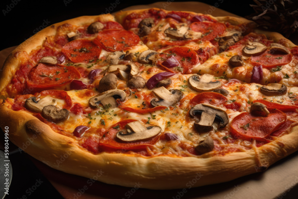 A hot and delicious pizza with cheese and various toppings such as pepperoni, mushrooms, peppers, and onions, all arranged in a mouth-watering pattern. Ai generative