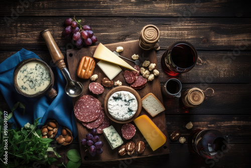 A bottle of wine, cheeses and traditional sausages on a wooden background. Brie cheese, blue cheese, gorgonzola, salami. AI Generative
