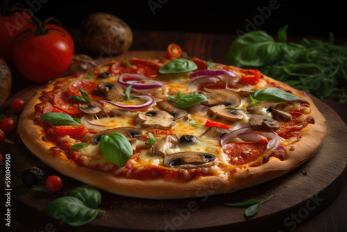 A hot and delicious pizza with cheese and various toppings such as pepperoni, mushrooms, peppers, and onions, all arranged in a mouth-watering pattern. Ai generative