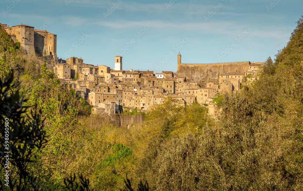 Panorama of medieval stronghold town of Sorano in Tuscany, Italy